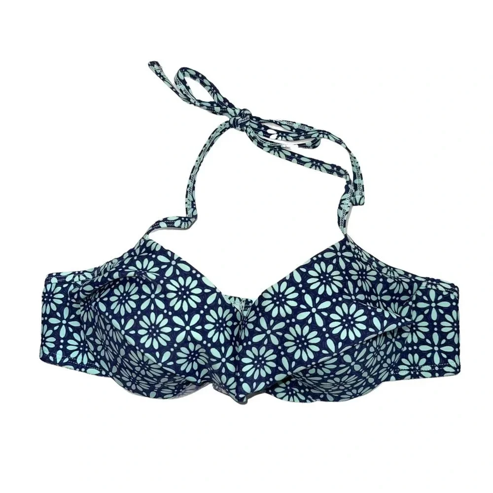 aerie Navy Blue & Mint Green Floral Print Ruffle Push-up Bikini Top 36B Women’s